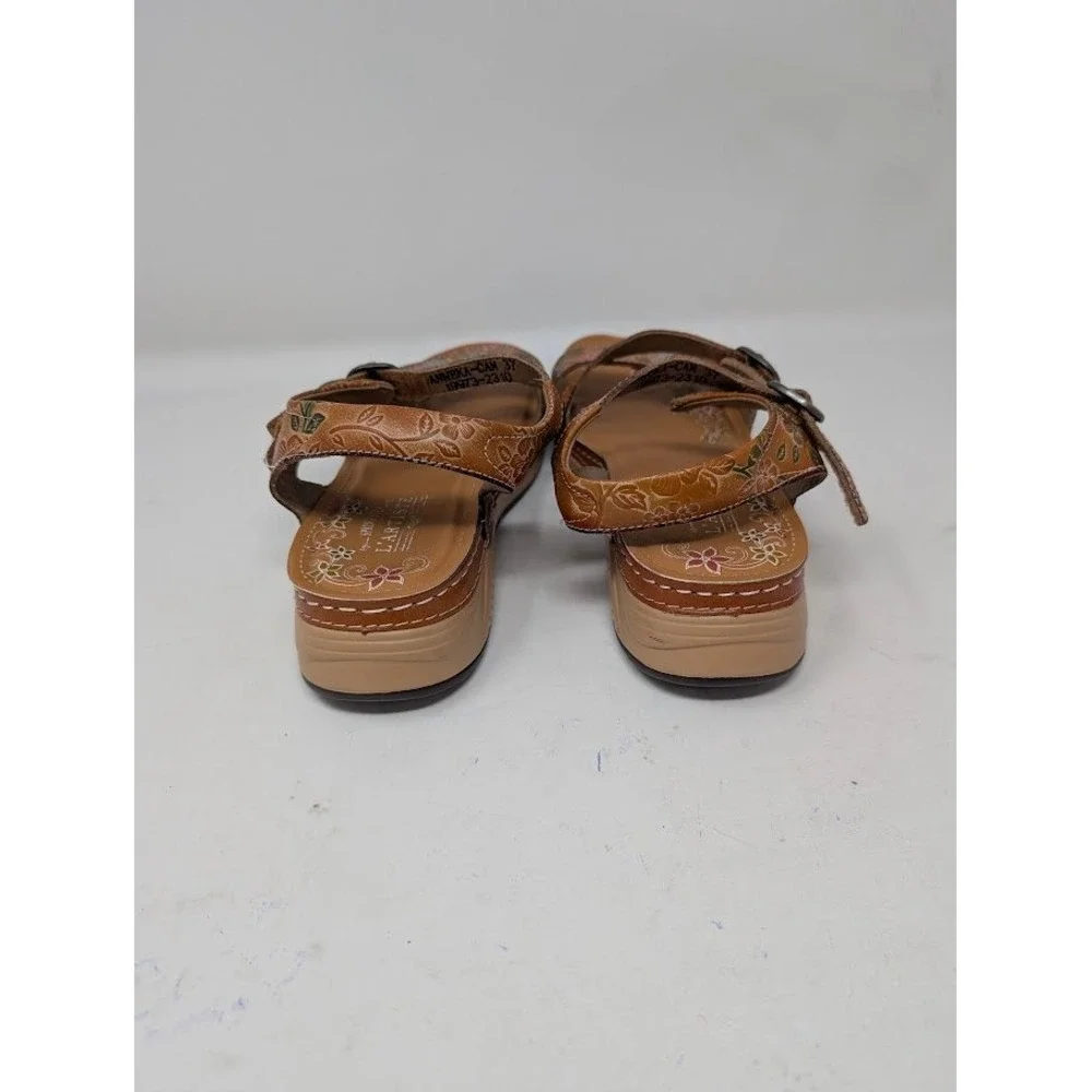 L'Artiste by Spring Step Sweetened Leather Sandals Brown Floral Wedge sz 37 US 7